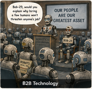 Humorous B2B technology cartoon showing a robot company meeting about hiring humans