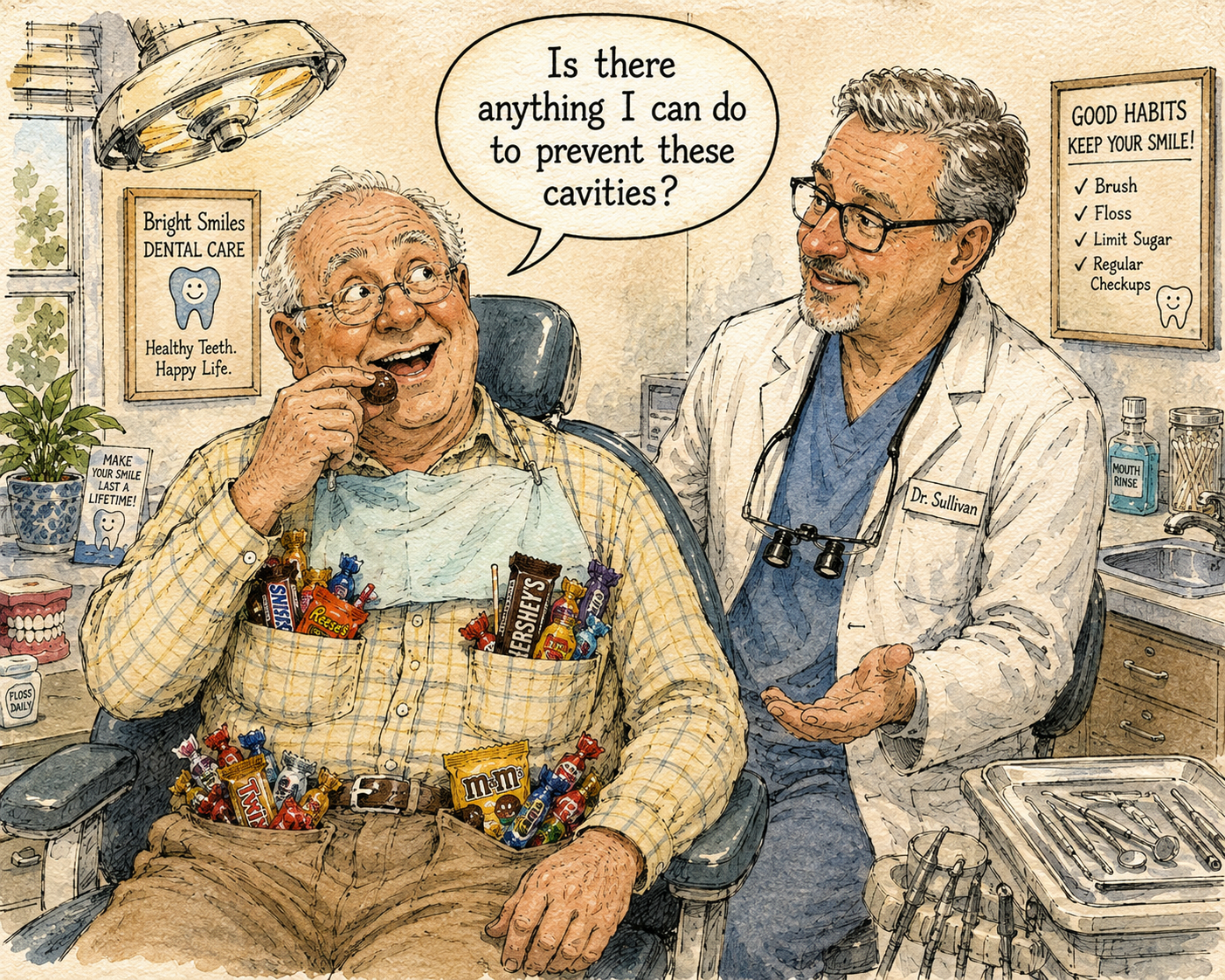 Humorous watercolor-and-ink dental cartoon showing a patient carrying candy