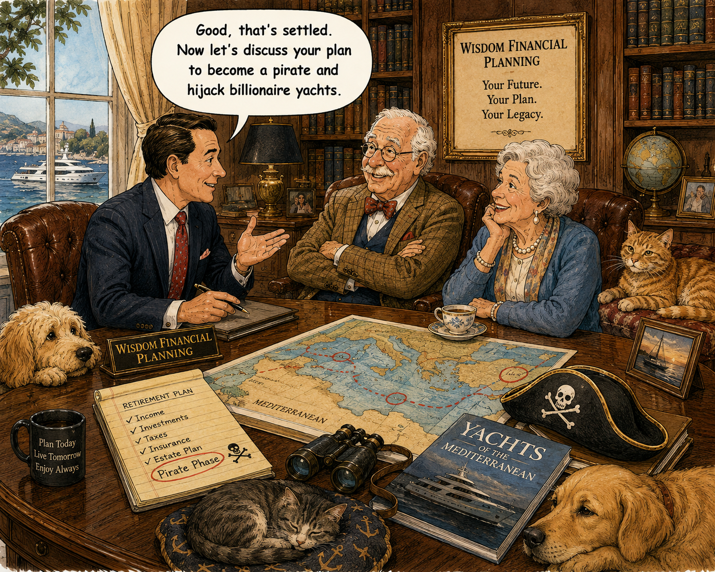 Humorous watercolor-and-ink financial planning cartoon about a retiree planning to become a pirate