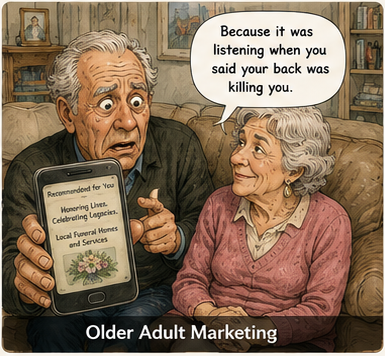 Humorous older-adult marketing cartoon about an algorithm serving funeral advertising after overhearing a sore-back comment
