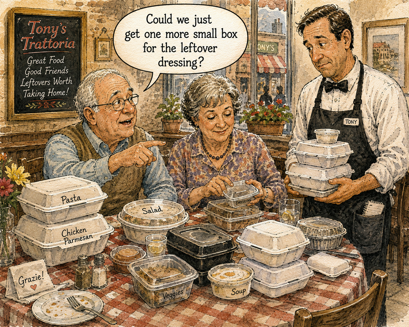 Humorous watercolor-and-ink restaurant cartoon about taking leftovers home