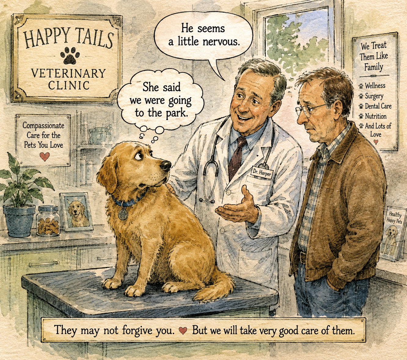Humorous watercolor-and-ink veterinary cartoon featuring a dog at the vet